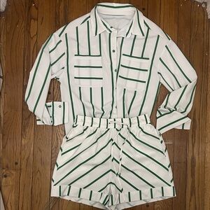 Striped Green and White Button-Up Shirt and Shorts Set